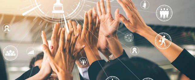 Achievement and Business Goal Success Concept - Creative business people with icon graphic interface showing employee reward giving for business success achievement.